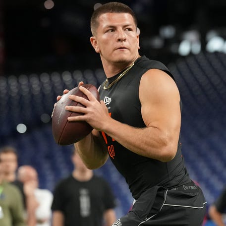 Vanderbilt quarterback Diego Pavia (QB14) during the NFL Scouting Combine at Lucas Oil Stadium in Indianapolis on Feb. 28, 2026.