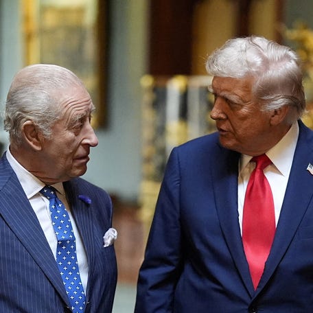 FILE PHOTO: King Charles III (left) with US President Donald Trump at Windsor Castle, Berkshire, before formally bidding farewell to the president on day two of their state visit to the UK, September 18, 2025. Aaron Chown/Pool via REUTERS/File Photo