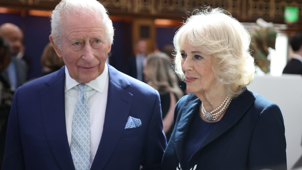 King Charles III and Queen Camilla visit the British Museum to view the final design for the Queen Elizabeth Memorial on April 21, 2026, in London.