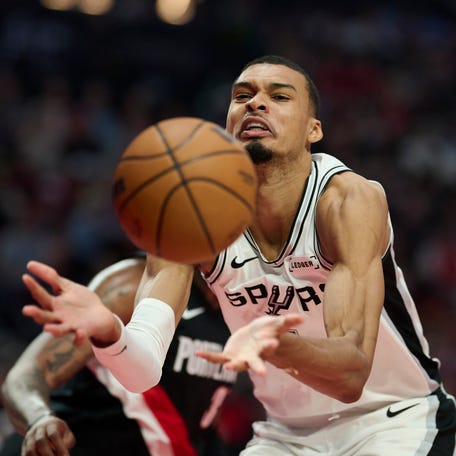 San Antonio Spurs forward Victor Wembanyama (1) loses control of the ball during Game 4 of the first-round playoff series against the Portland Trail Blazers on April 26, 2026.