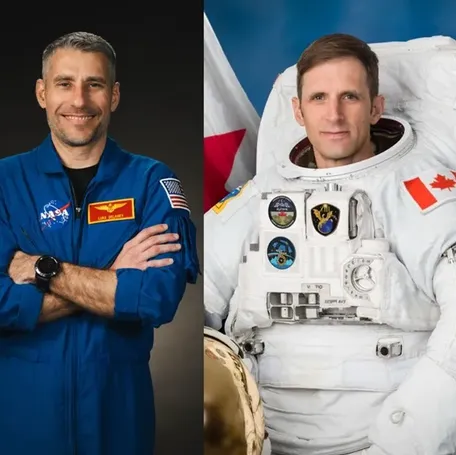 From left to right, NASA astronauts Jessica Watkins and Luke Delaney, CSA (Canadian Space Agency) astronaut Joshua Kutryk, and Roscosmos cosmonaut Sergey Teteryatnikov.