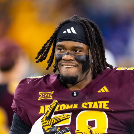 Arizona State offensive lineman Max Iheanachor on the field during a game against the Arizona Wildcats during the 99th Territorial Cup on Nov. 28 at Mountain America Stadium.