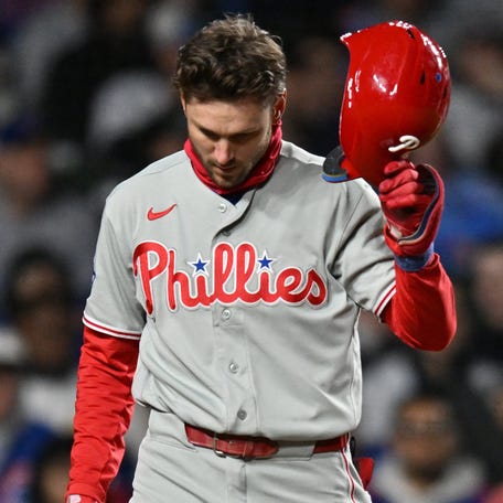 Apr 22, 2026; Chicago, Illinois, USA; Philadelphia Phillies shortstop Trea Turner (7) reacts after striking out against the Chicago Cubs during the seventh inning at Wrigley Field. Mandatory Credit: Patrick Gorski-Imagn Images