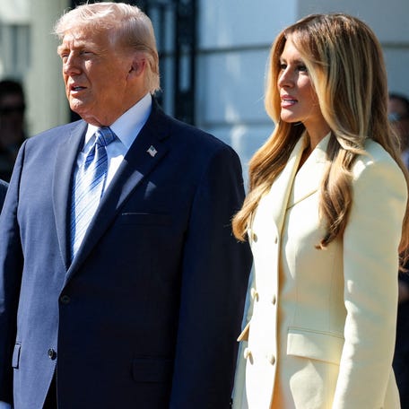 First Lady Melania Trump, right, and President Donald Trump greet Britain's King Charles III and Queen Camilla upon arrival at the White House in Washington, DC, on April 27.