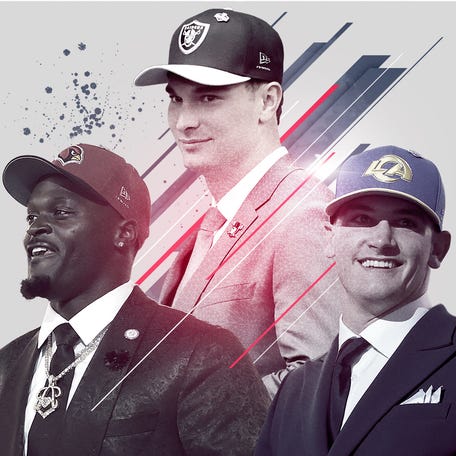 Fernando Mendoza of the Las Vegas Raiders, Jeremyiah Love of the Arizona Cardinals and Ty Simpson of the Los Angeles Rams