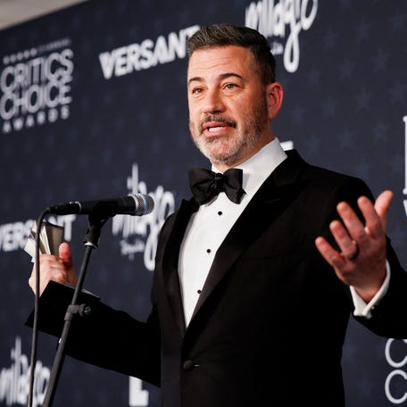 Jimmy Kimmel speaks to reporters in Santa Monica, California, on Jan. 4, 2026, after winning best talk show prize at the Critics Choice Awards.