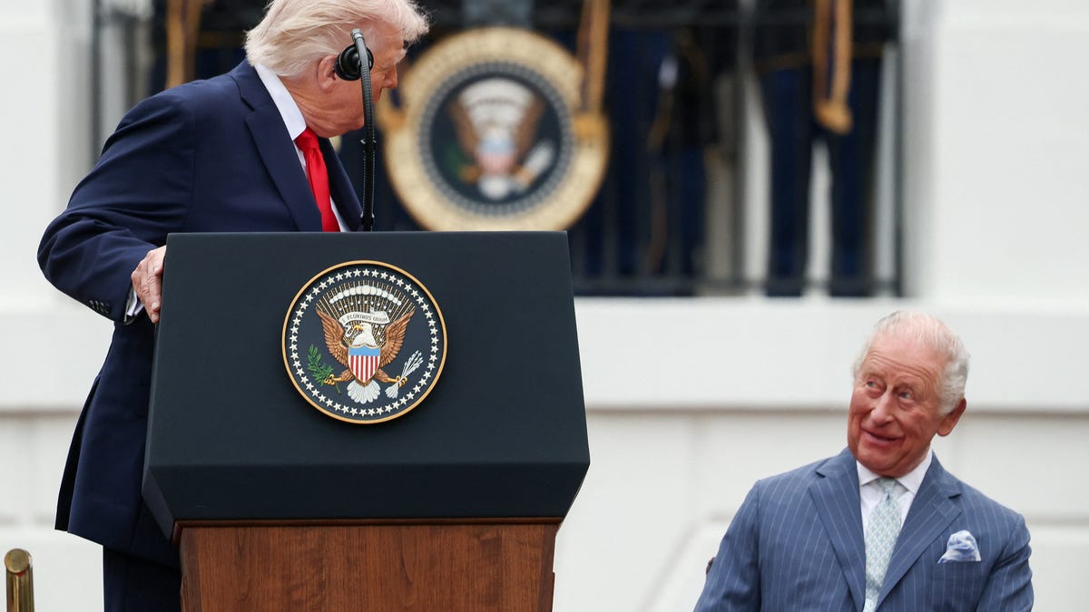 Britain's King Charles listens as U.S. President Donald Trump speaks during an arrival ceremony for the king and Queen Camilla on the South Lawn of the White House, in Washington, D.C., U.S., April 28, 2026.