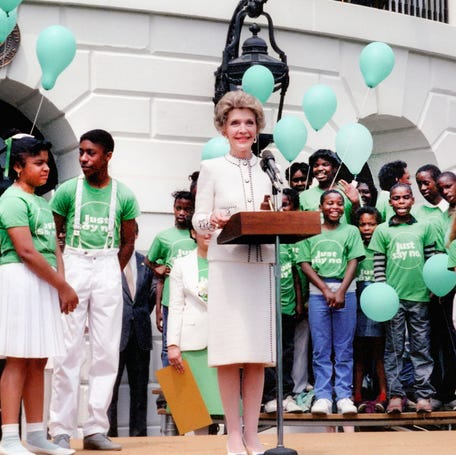 First lady Nancy Reagan at a "Just Say No" rally at The White House in Washington, DC, on May 22, 1986.