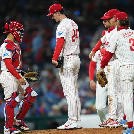 Apr 19, 2026; Philadelphia, Pennsylvania, USA; Philadelphia Phillies starting pitcher Andrew Painter (24) reacts after being removed from the game against the Atlanta Braves in the fifth inning at Citizens Bank Park. Mandatory Credit: Kyle Ross-Imagn Images