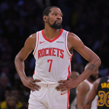 Houston Rockets forward Kevin Durant looks on from the court during the final minutes of game two of the first round of the 2026 NBA Playoffs at against the Los Angeles Lakers at Crypto.com Arena.