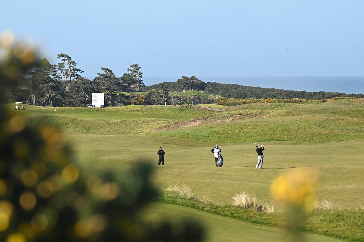 Michael Block hits his second shot on the fairway on the first hole during the final round of the 2026 PGA Professional Championship at Bandon Dunes.