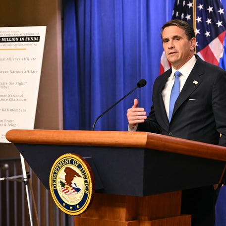 US Acting Attorney General Todd Blanche announced the indictment on April 21 of the Alabama-based Southern Poverty Law Center (SPLC) over its use of donor money to pay confidential informants in extremist groups, at the Department of Justice in Washington, DC on April 21, 2026.