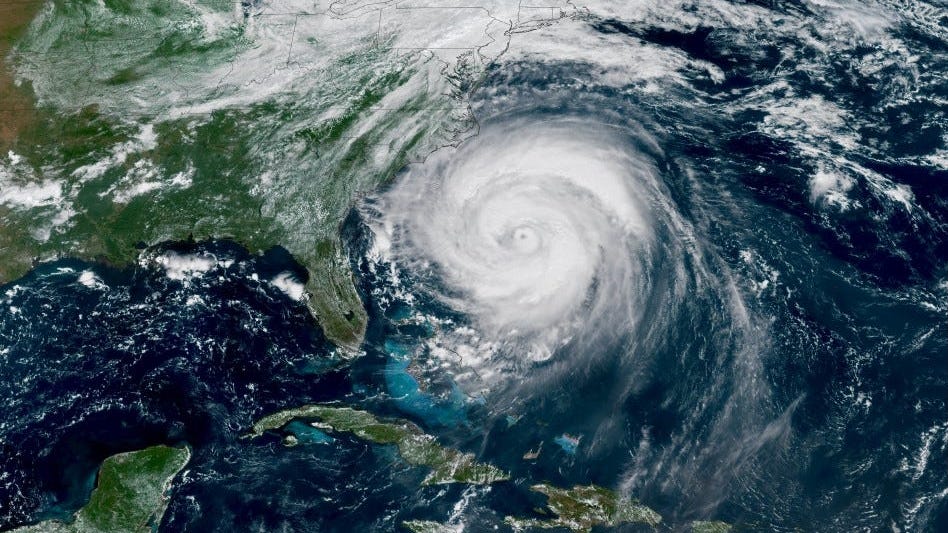 A NOAA satellite view of a massive Hurricane Erin churning off the U.S. East Coast taken August 20, 2025.
