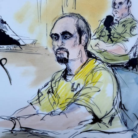 Nick Reiner makes a court appearance on murder charges for the killing of his parents Rob and Michele Reiner, at LA Superior Court in Los Angeles April 29, 2026, in this courtroom sketch.