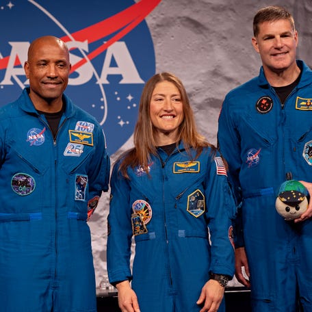Artemis II Commander Reid Wiseman, Pilot Victor Glover, Mission Specialist Christina Koch, and Mission Specialist Jeremy Hansen pose for a portrait after a press conference at the NASA Johnson Space Center on April 16, 2026 in Houston, Texas.