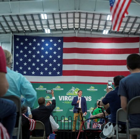House Speaker Mike Johnson, R-Louisiana, speaks in Bridgewater, Virginia, on April 11, 2026, during a campaign rally against Virginia Democrats' proposed state redistricting constitutional amendment.