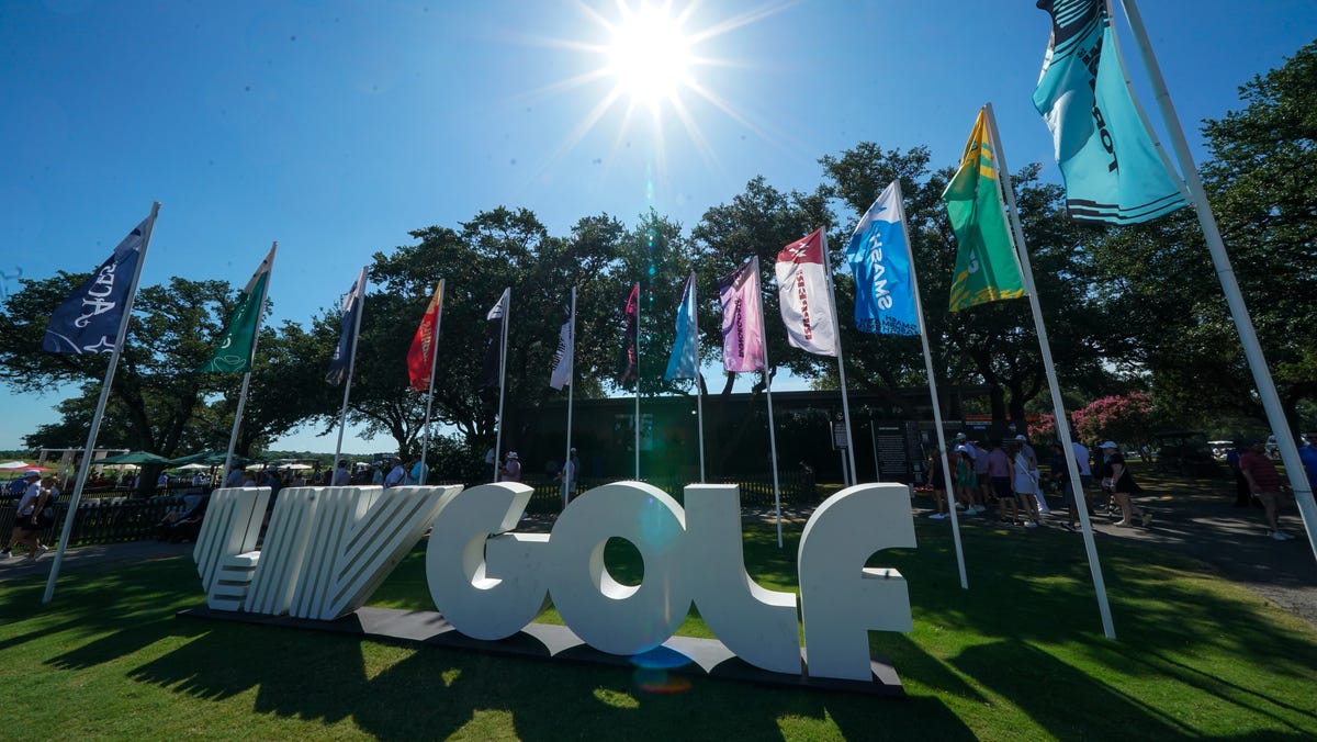 The LIV Golf logo and team flags near the tenth tee during the second round of the LIV Golf Dallas golf tournament at Maridoe Golf Club.