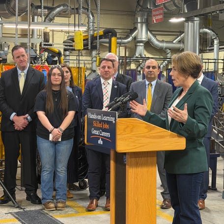 Massachusetts Gov. Maura Healey speaks at an Assabet Valley Regional Vocational Technical High School, where she announced a $70 million grant to support career technical education on April 30, 2026.