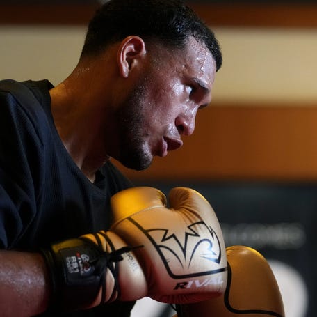David Benavidez, the WBC world light heavyweight champion works out in front of a public audience at Vee Quiva Casino on March 28, 2026.