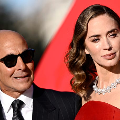 Stanley Tucci, left, and Emily Blunt attend "The Devil Wears Prada 2" European premiere in London on April 22, 2026.