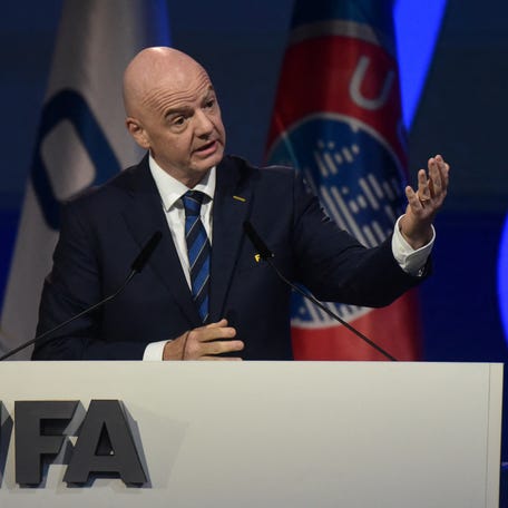 FIFA president Gianni Infantino speaks during the 75th FIFA congress at the CONMEBOL headquarters in Luque, Paraguay, on May 15, 2025. European delegates left Thursday's FIFA Congress in Paraguay in disgust after a delay in the arrival of the head of world football's ruling body, Gianni Infantino, who was on a tour of Saudi Arabia and Qatar with US President Donald Trump.