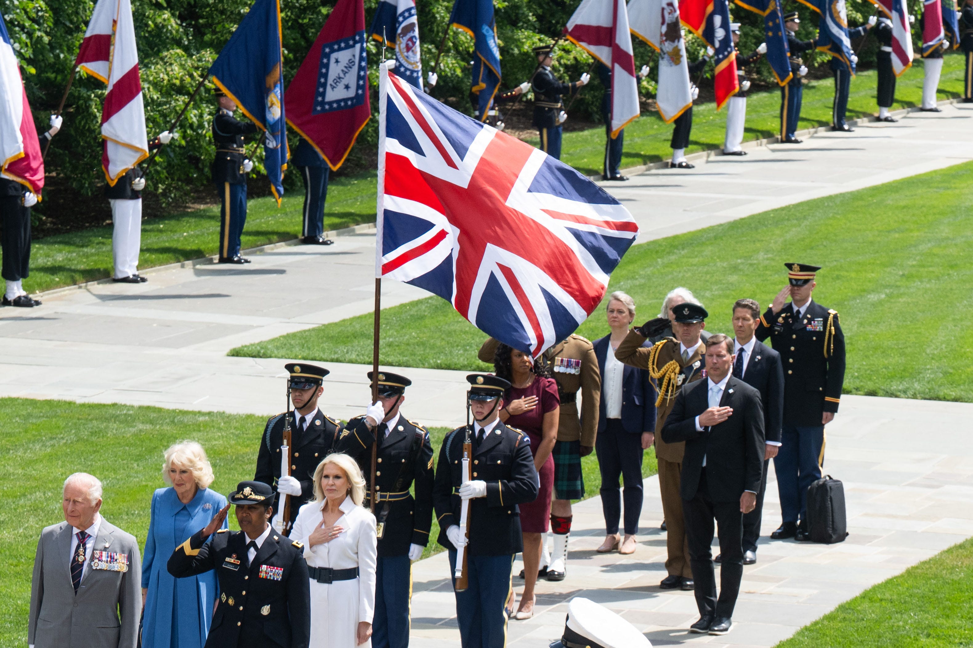 Britain's national flag, the Union Jack, was spotted upside down during King Charles and Queen Camilla's visit to Arlington National Cemetery.