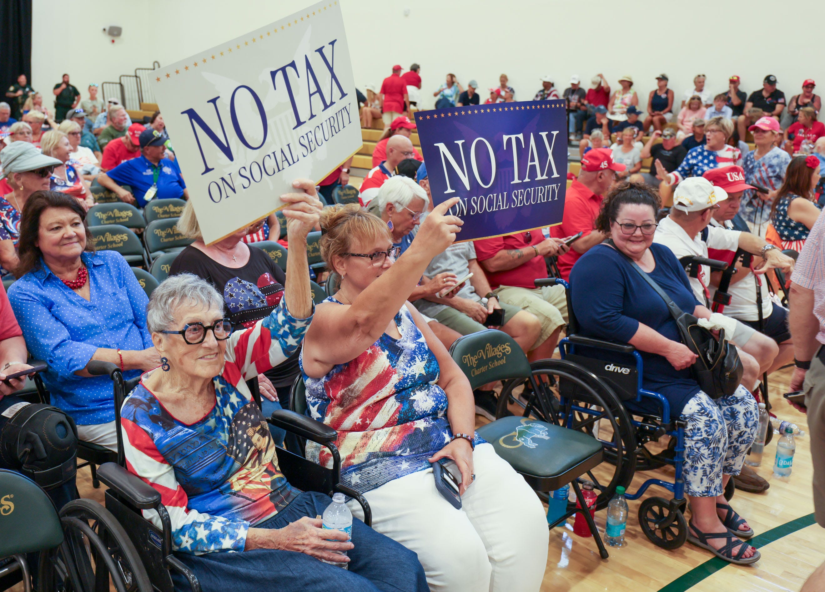 Thousands of Trump-loving seniors packed a school gymnasium to see the president in Florida, while hundreds protested nearby.