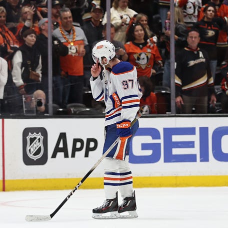 Connor McDavid of the Edmonton Oilers reacts after being defeated by the Anaheim Ducks in Game 6.