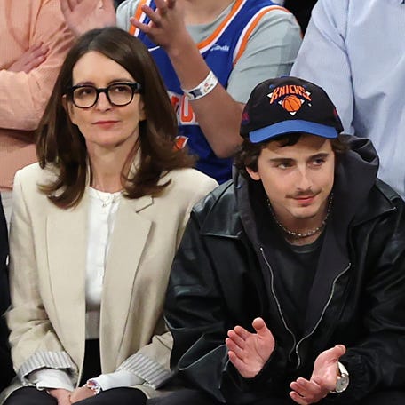 Tina Fey, Timothée Chalamet, Kylie Jenner, and Ben Stiller attend Game Five of the Eastern Conference First Round NBA Playoffs between the Atlanta Hawks and the New York Knicks at Madison Square Garden on April 28, 2026 in New York City.