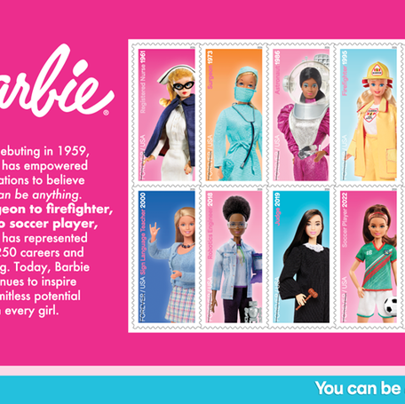 Coming this summer are a set of Barbie stamps featuring dolls "dressed for 10 iconic careers."