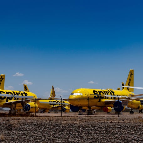 Out-of-service Spirit Airlines aircraft rest at Phoenix Goodyear Airport in Goodyear on May 2, 2026.