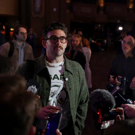 Hasan Piker speaks to reporters at the New York City venue for Democratic mayoral candidate Zohran Mamdani's election night rally on Nov. 4, 2025.
