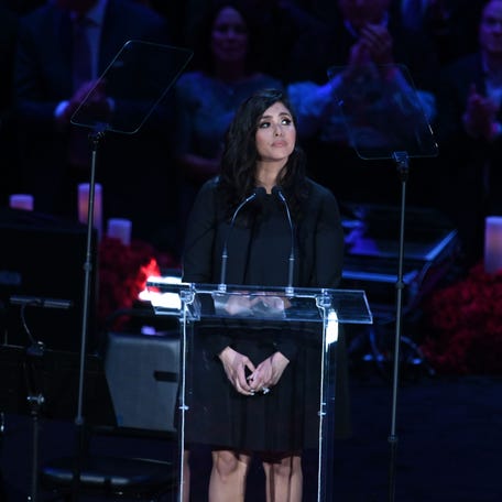 Vanessa Bryant looks to the audience before reading her speech during the memorial to celebrate the life of Kobe Bryant and daughter Gianna Bryant at Staples Center.