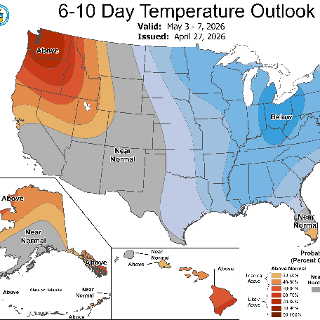 The average temperatures for much of the eastern part of the United States are expected to be below normal between May 3 and May 7, 2026, according to the Climate Prediction Center.