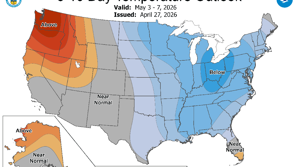 The average temperatures for much of the eastern part of the United States are expected to be below normal between May 3 and May 7, 2026, according to the Climate Prediction Center.