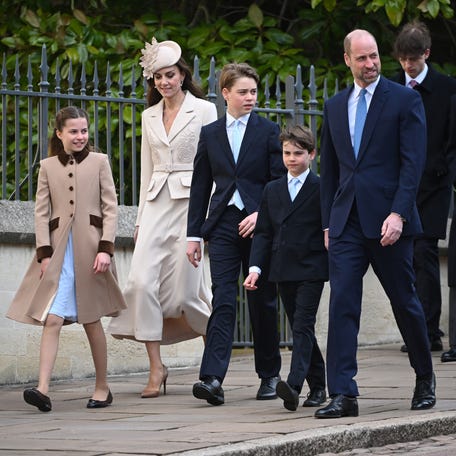 From left: Princess Charlotte of Wales, Catherine, Princess of Wales, Prince George of Wales, Prince Louis of Wales, Prince William, Prince of Wales, James, Earl of Wessex and Prince Edward, Duke of Edinburgh at St George's Chapel on April 5, 2026, in Windsor, England.