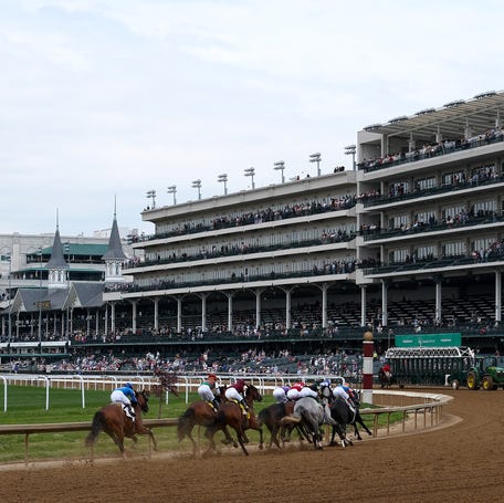 The field heads into the fourth turn during the first race of the day ahead of the 152th Kentucky Derby at Churchill Downs on May 02, 2026 in Louisville, Kentucky.
