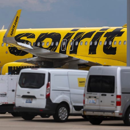 A Spirit Airlines plane sits on the tarmac at Detroit Metro Airport in Romulus on Friday, May 1, 2026.