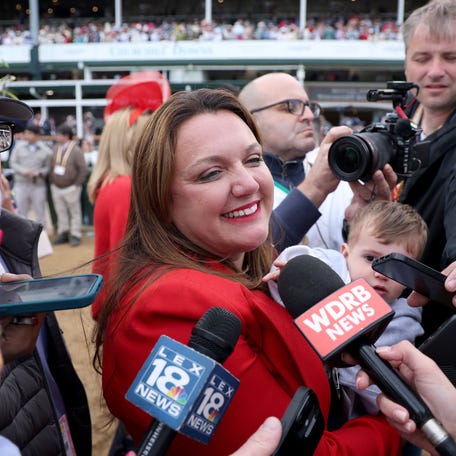 Cherie DeVaux, trainer of Golden Tempo, celebrates after becoming the first female trainer to win the Kentucky Derby during the 152nd running of the Kentucky Derby at Churchill Downs on May 2, 2026, in Louisville, Kentucky.