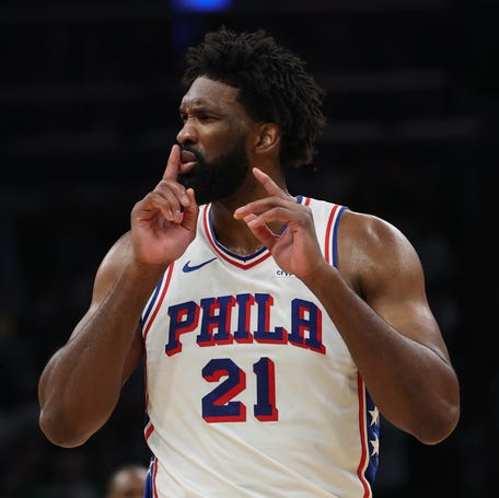 Philadelphia 76ers center Joel Embiid (21) silences the crowd after making a shot against the Boston Celtics during the second quarter of Game 7.