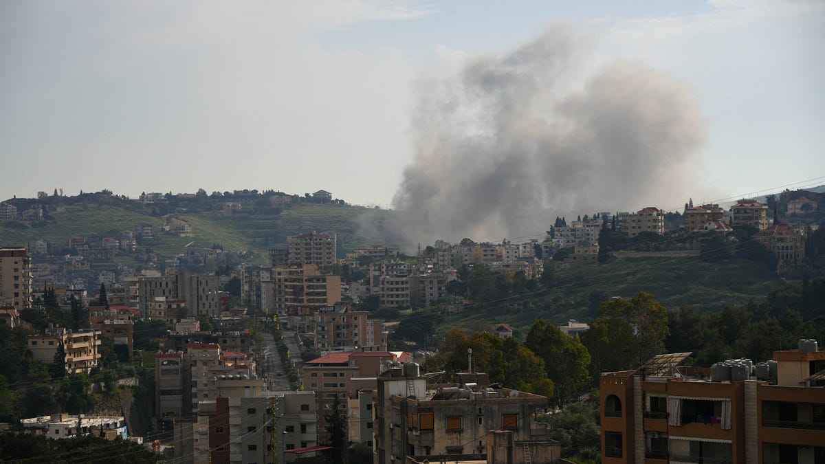 Smoke rises in southern Lebanon following Israeli strikes, as seen from Nabatieh, Lebanon, May 2, 2026.