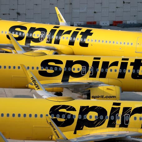 Spirit Airlines planes are parked on the tarmac at the Fort Lauderdale-Hollywood International Airport on May 2, 2026 in Fort Lauderdale, Fla. Spirit Aviation Holdings Inc. announced today that it has canceled all upcoming flights and begun a wind-down of Spirit Airlines operations after failing to secure funding from the Trump administration.
