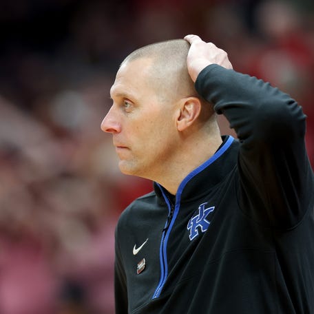 Kentucky coach Mark Pope reacts against Iowa State during the second half in the second round of the 2026 NCAA Men's Basketball Tournament at Enterprise Center on March 22, 2026 in St Louis, Missouri.
