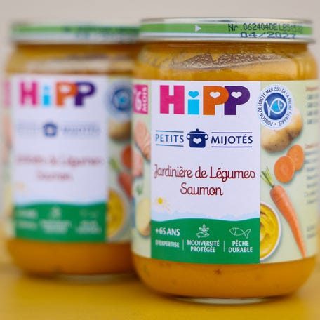 Baby food jars of German manufacturer HiPP are pictured in Paris on April 22, 2026.