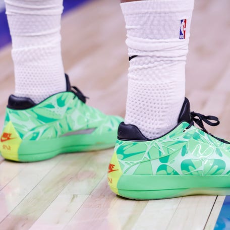 A detailed view of the shoes worn by Orlando Magic forward Paolo Banchero in the first half against the Detroit Pistons uring game seven of the first round of the 2026 NBA Playoffs at Little Caesars Arena.