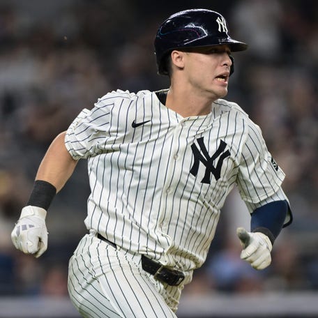 New York Yankees shortstop Anthony Volpe runs the bases after hitting a single against the Chicago White Sox during the ninth inning at Yankee Stadium on Sept. 23, 2025.