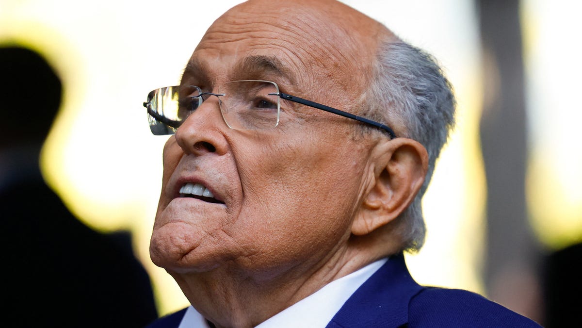 Former New York City Mayor Rudy Giuliani is pictured arriving for a ceremony marking the 24th anniversary of the Sept. 11, 2001, attacks on the World Trade Center at the 9/11 Memorial and Museum.