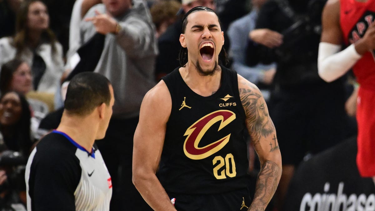 Cleveland Cavaliers guard Jaylon Tyson (20) celebrates after a play against the Toronto Raptors during Game 7 of their first-round playoff series on May 3, 2026.