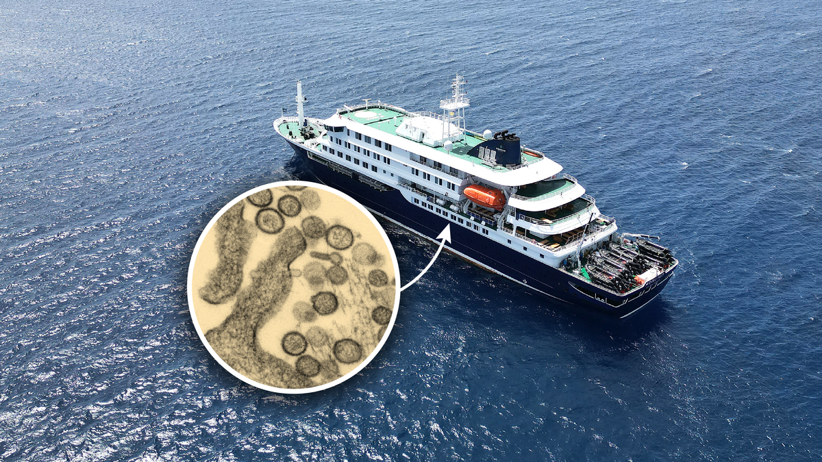 This aerial picture shows a general view of the cruise ship MV Hondius off the port of Praia, the capital of Cape Verde, on May 4, 2026.