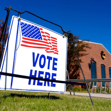 Nov 4, 2025; Augusta, Georgia, USA; A "Vote Here" sign sits in front of the Kroc Center of Augusta.
